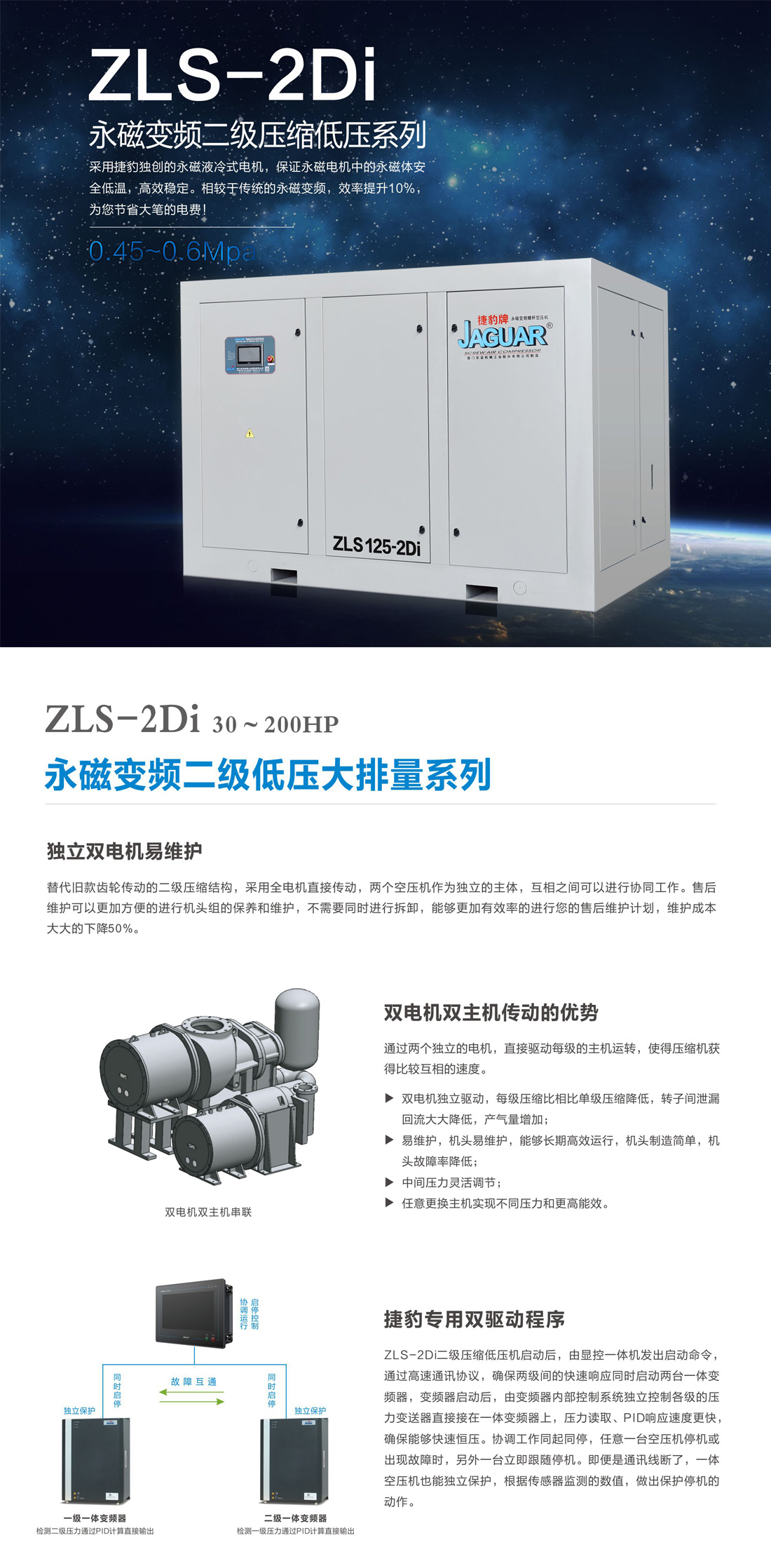 捷豹ZLS-2Di永磁变频二级低压压缩空压机优缺点